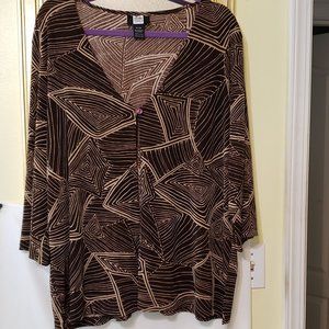 OPEN CARDIGAN  STUDIO 1940,  26/28W  BROWN BEIGE  3/4 sleeves  Poly/Spandex